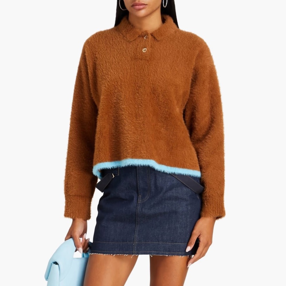 Jacquemus Chestnut Fuzzy Polo Sweater with Light Blue Trim